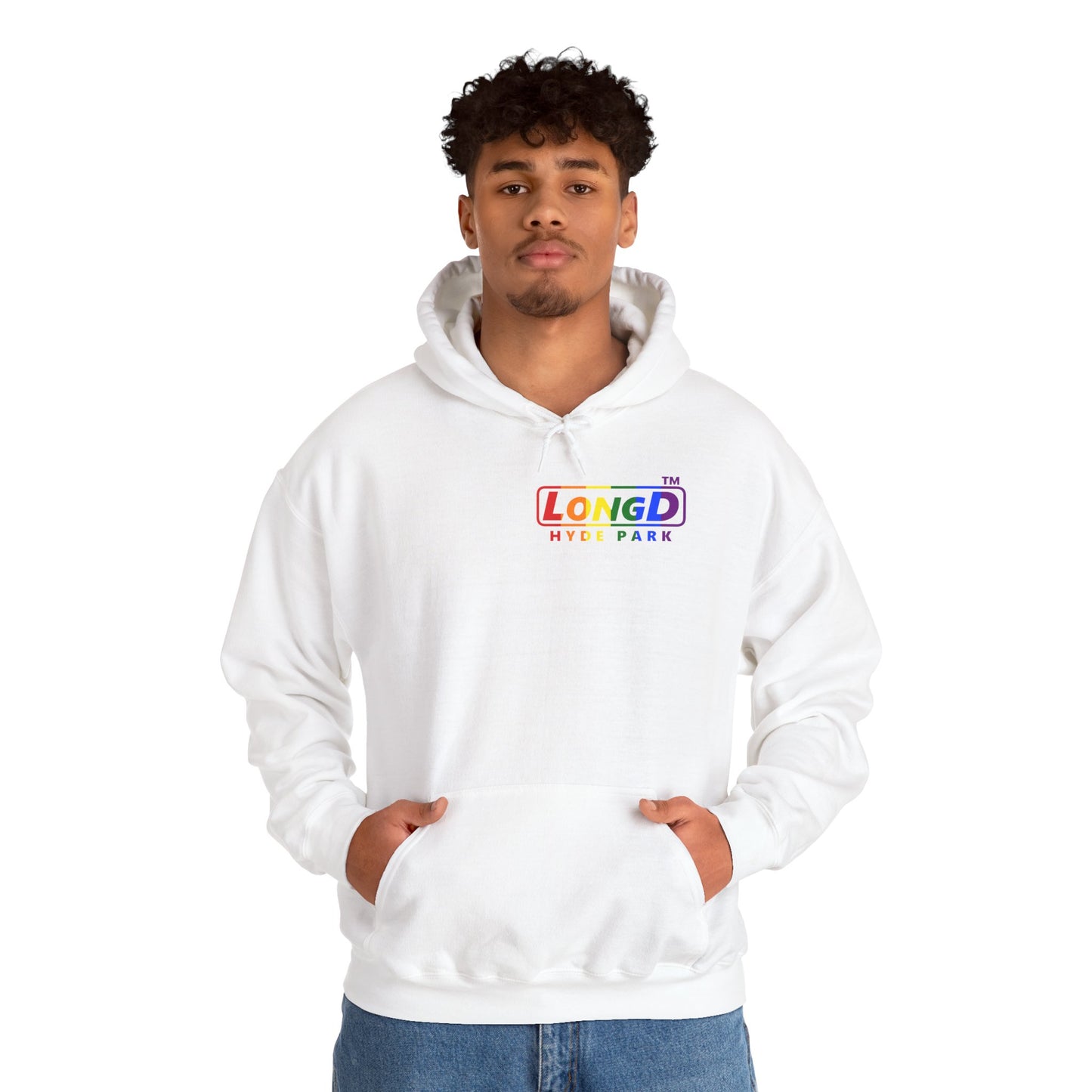 LongD® positive vertical striped single-breasted front-back Hyde Park logo hoodie (Pride colors)