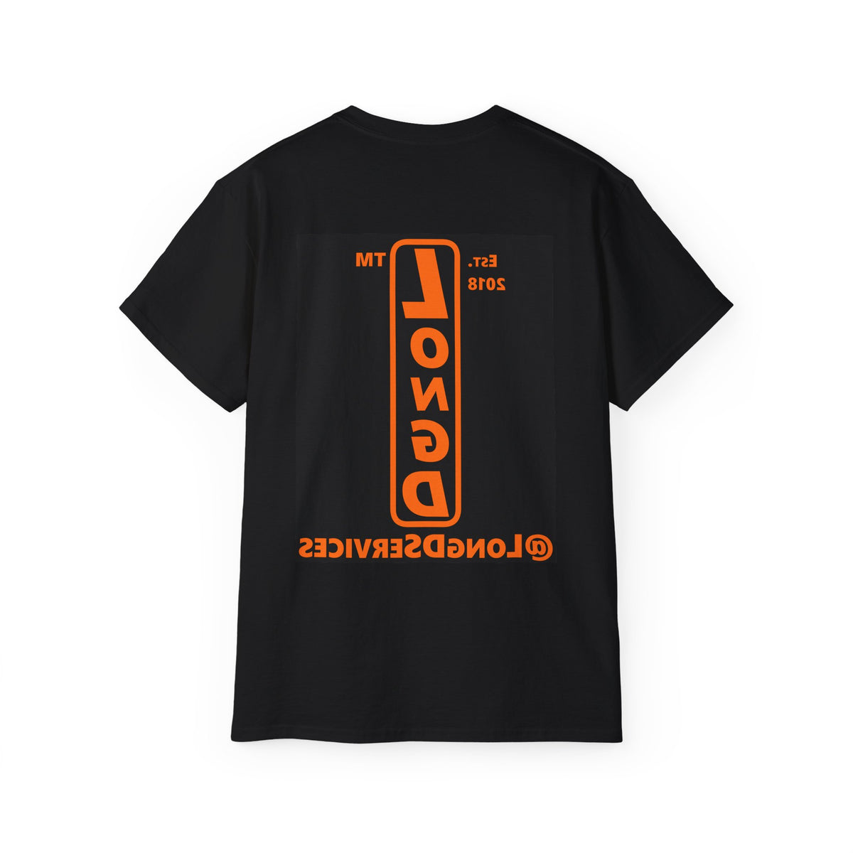 LongD Tag upright front-back logo orange (FE7518) on Black (000000) cotton tee