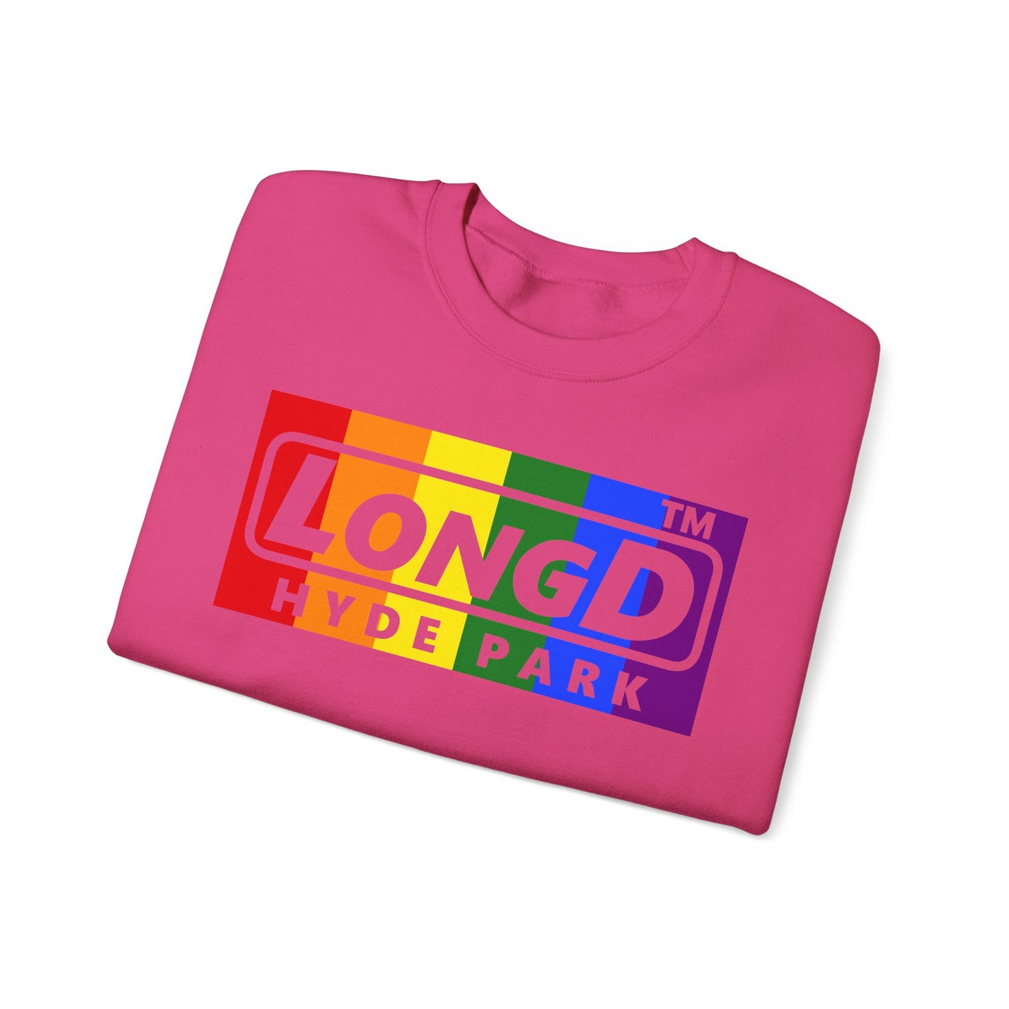 LongD negative vertical striped Hyde Park logo crewneck sweatshirt (Pride colors)