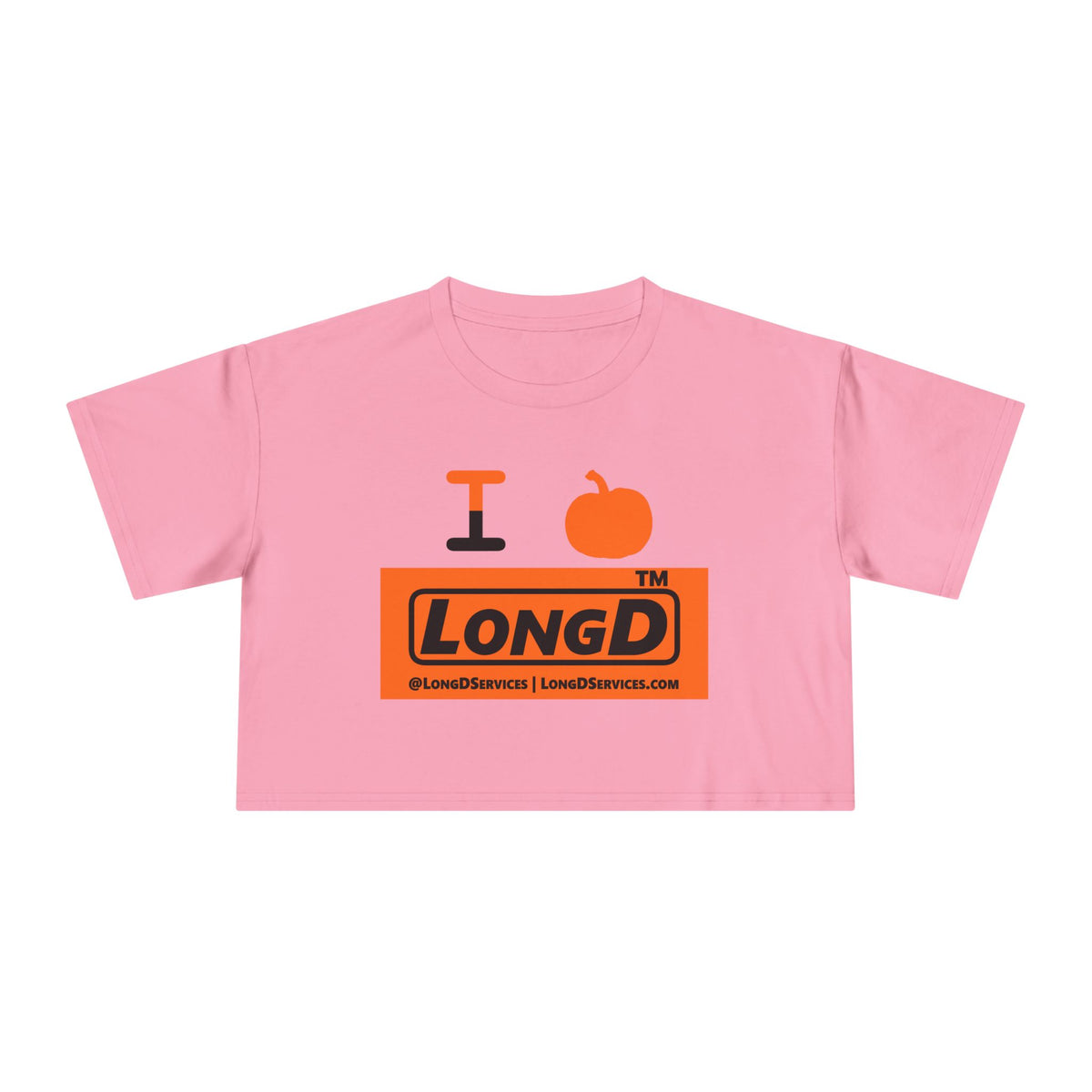 I pumpkin LongD Tag-domain logo positive black on negative orange crop tee