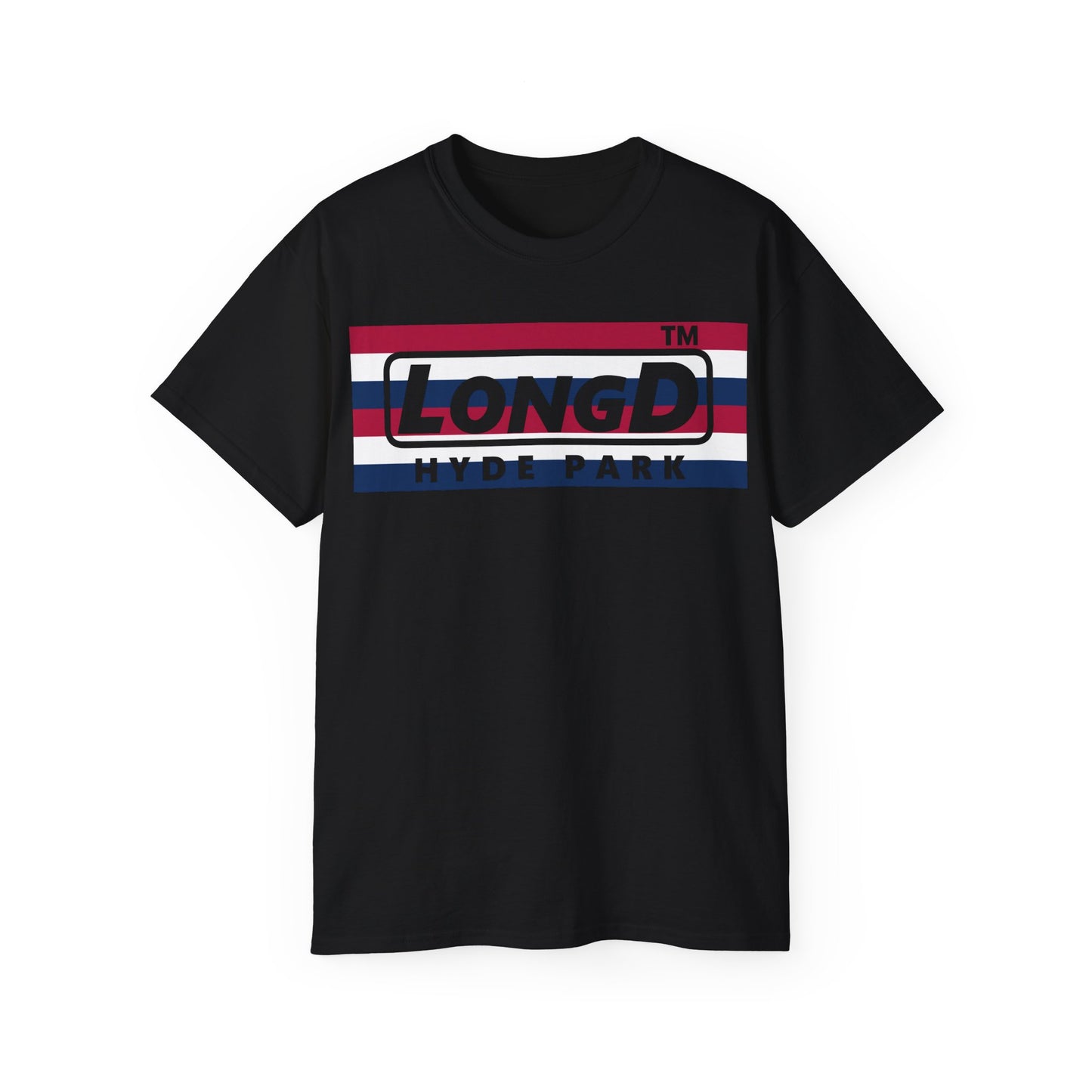 LongD negative horizontal 6-striped Hyde Park logo cotton tee (patriotic colors)