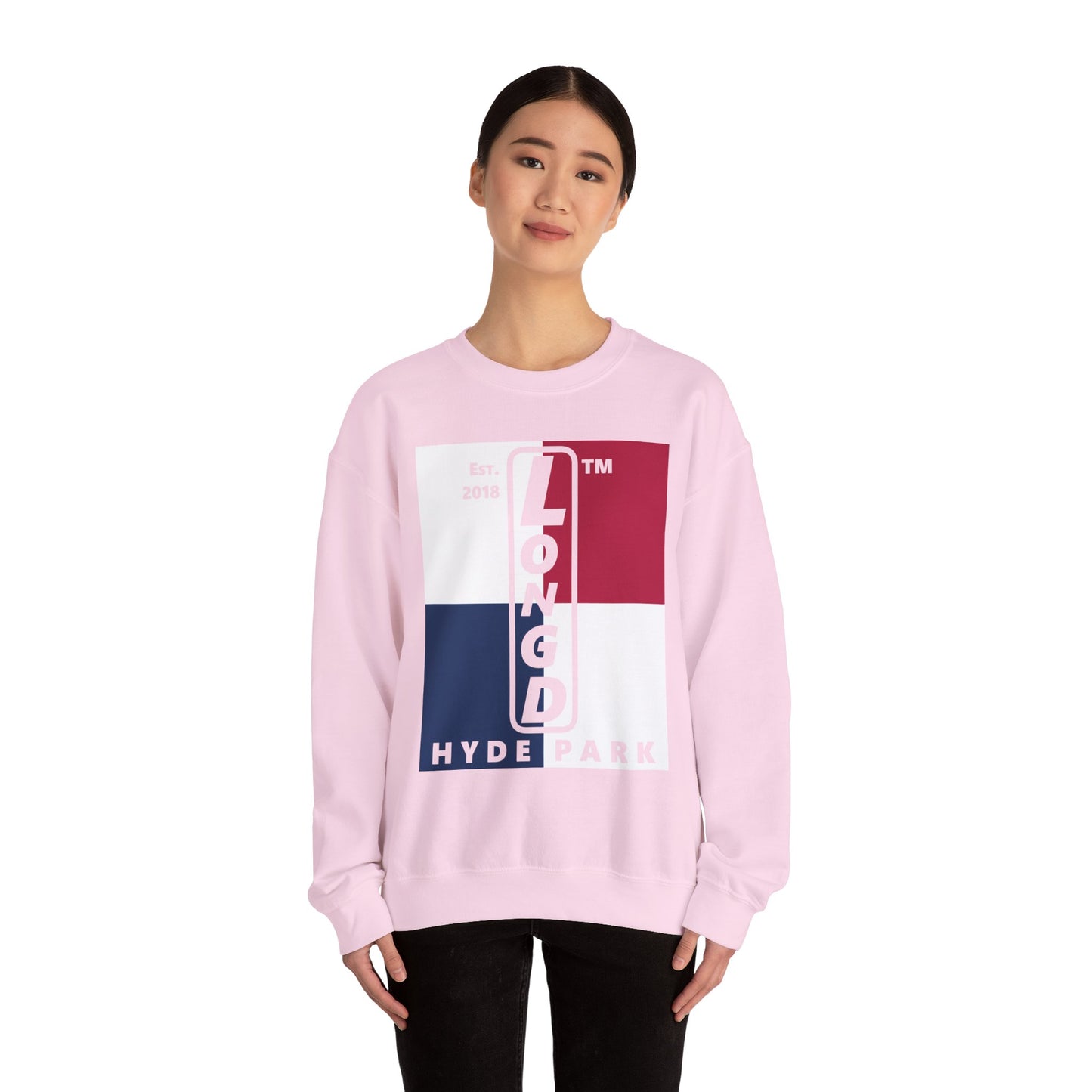 LongD negative quarters Hyde Park upright logo crewneck sweatshirt (patriotic colors)