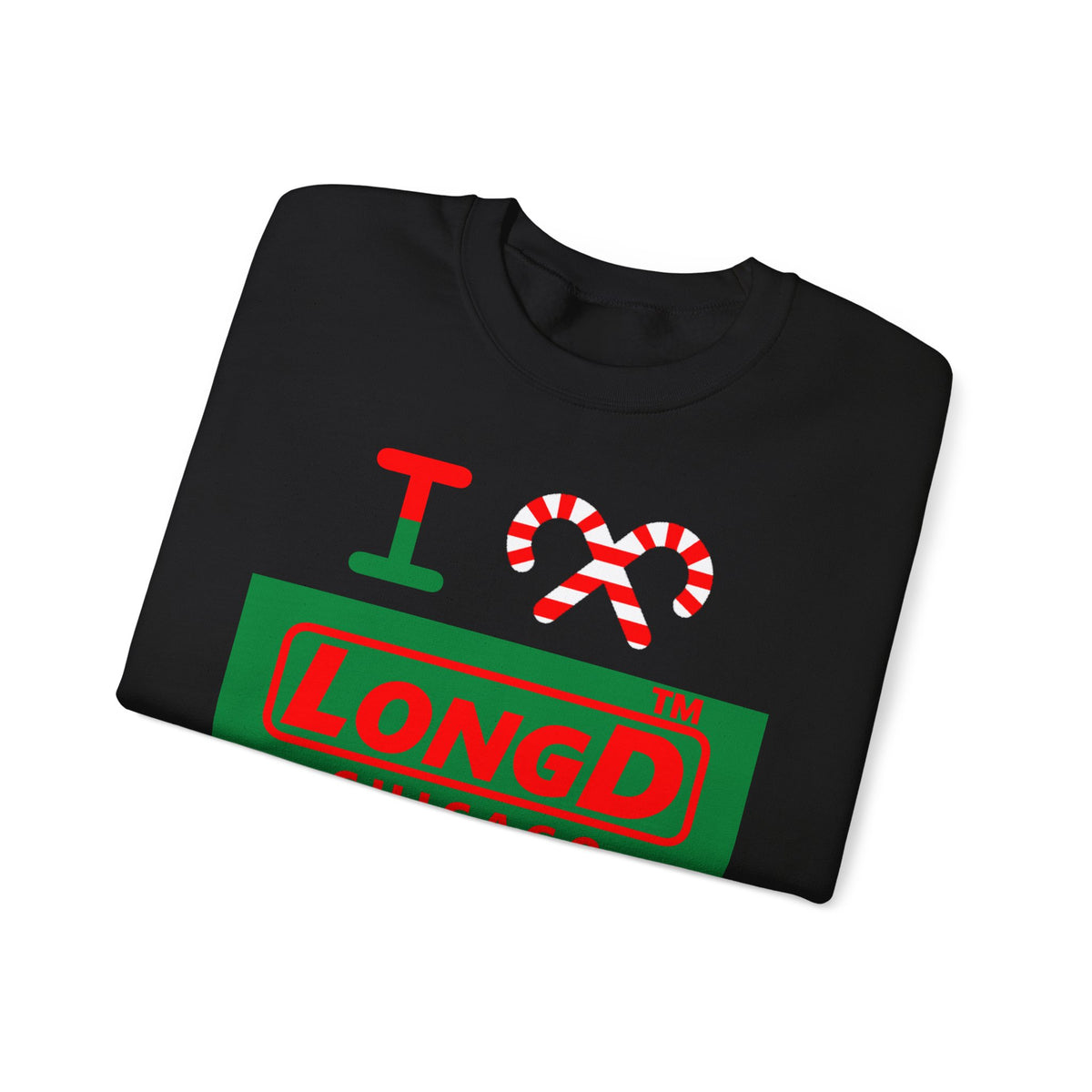 I candy cane LongD Chicago logo positive red on negative green crewneck sweatshirt