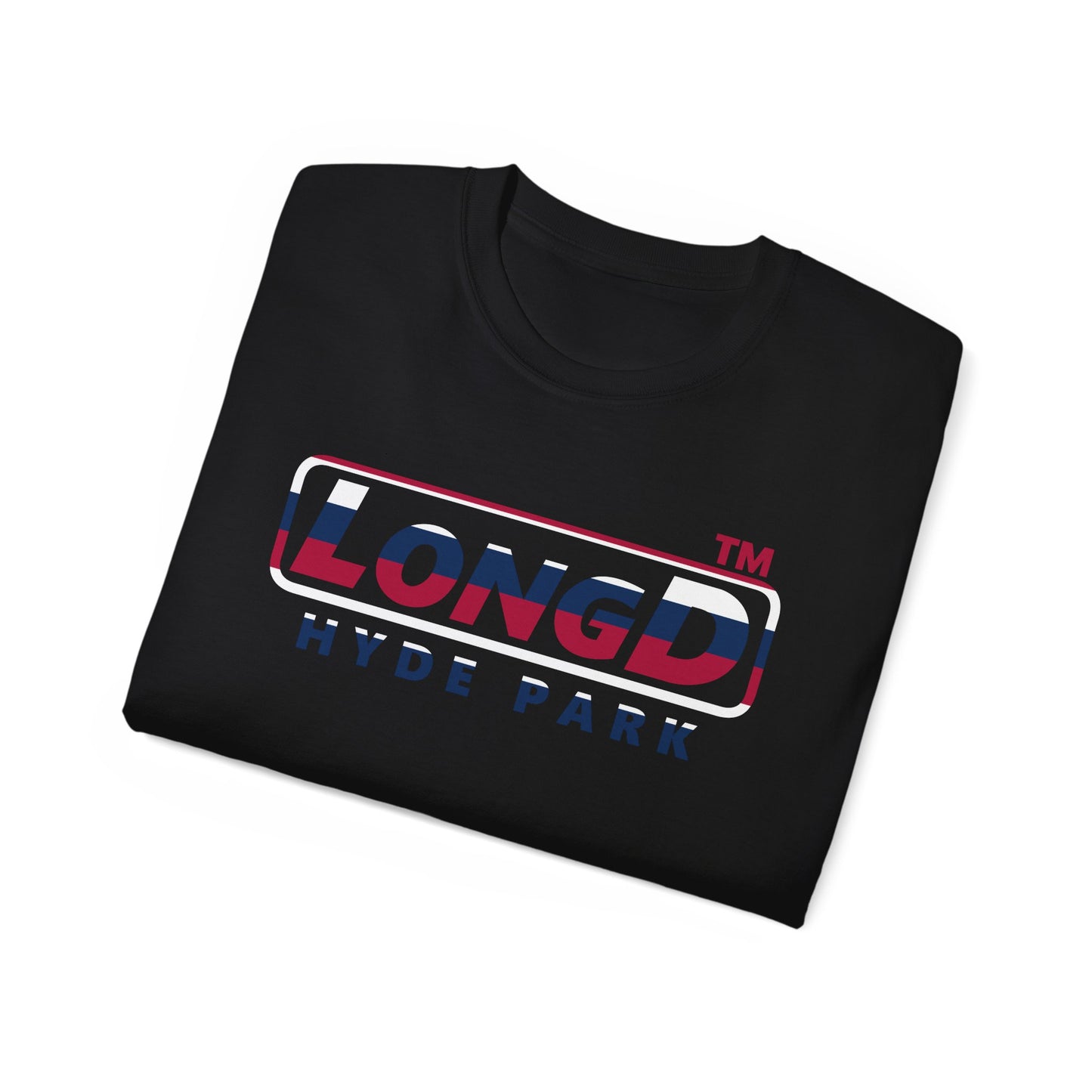LongD positive horizontal 6-striped Hyde Park logo cotton tee (patriotic colors)
