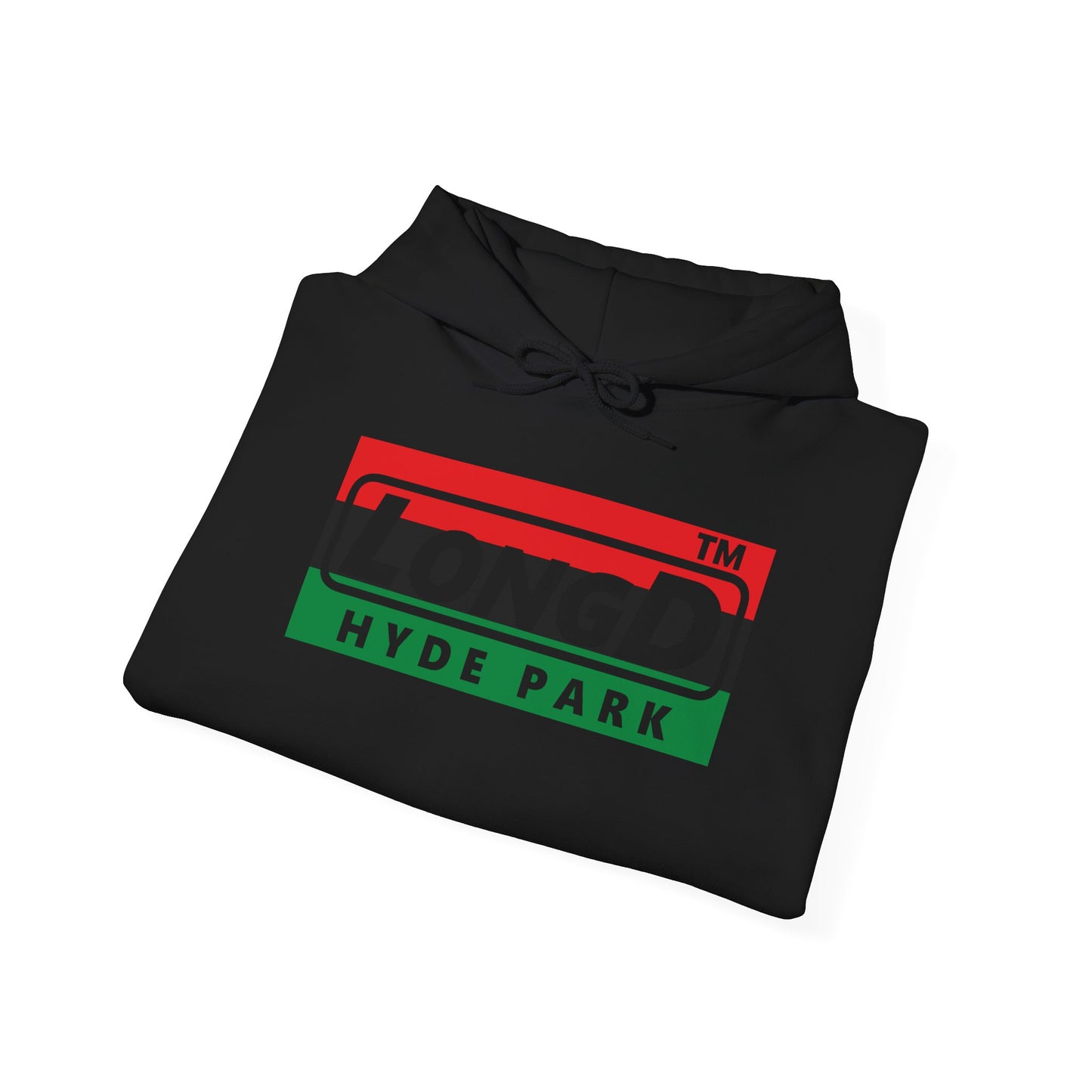 LongD® negative horizontal 3-striped Hyde Park logo Hoodie (Juneteenth colors)
