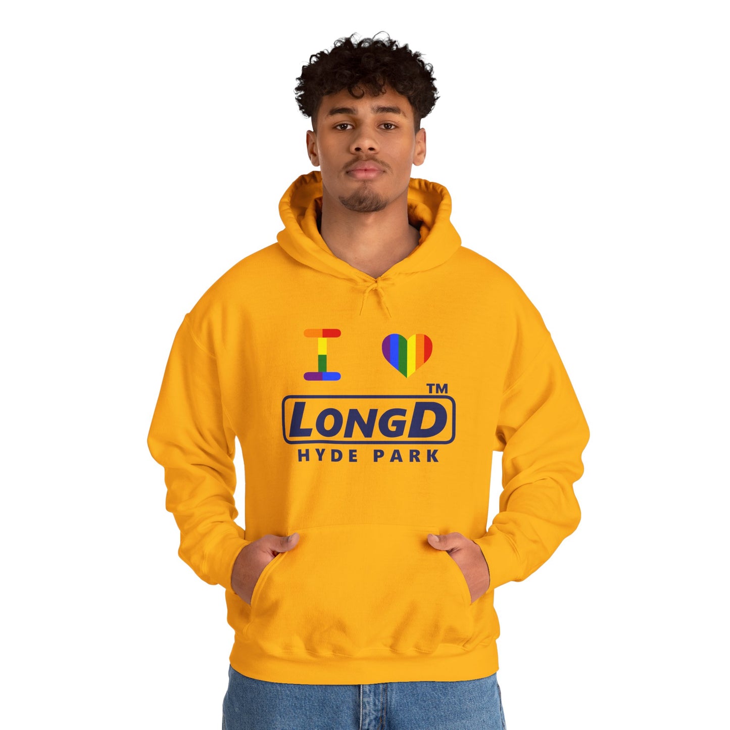 I Luv LongD® official basic front-back Hyde Park logo hoodie (Pride colors)