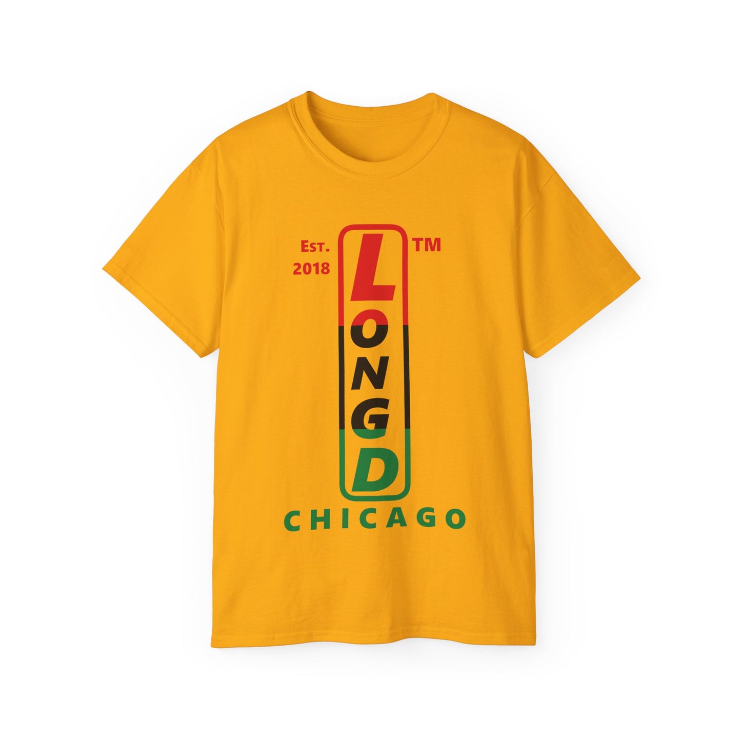 LongD Cotton Tee positive horizontal striped Chicago upright logo (Juneteenth colors)