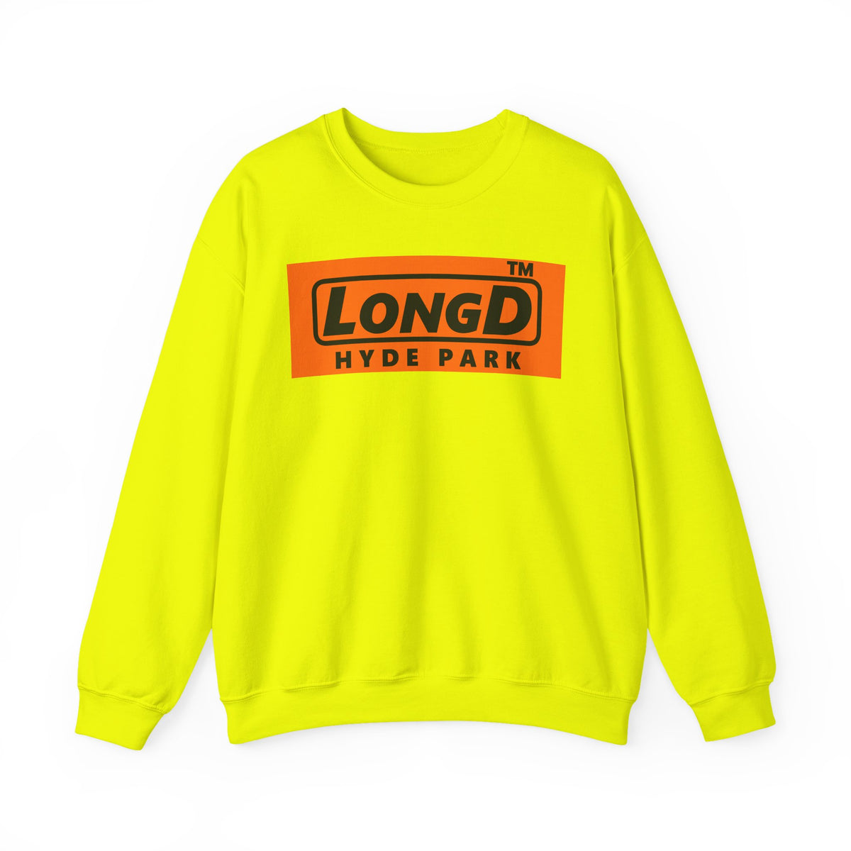 LongD Hyde Park logo Black (000000) on orange (FE7518) (Halloween colors) crewneck sweatshirt