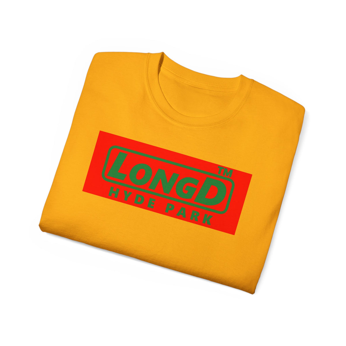 LongD Hyde Park logo positive green on negative red (Xmas colors) cotton tee