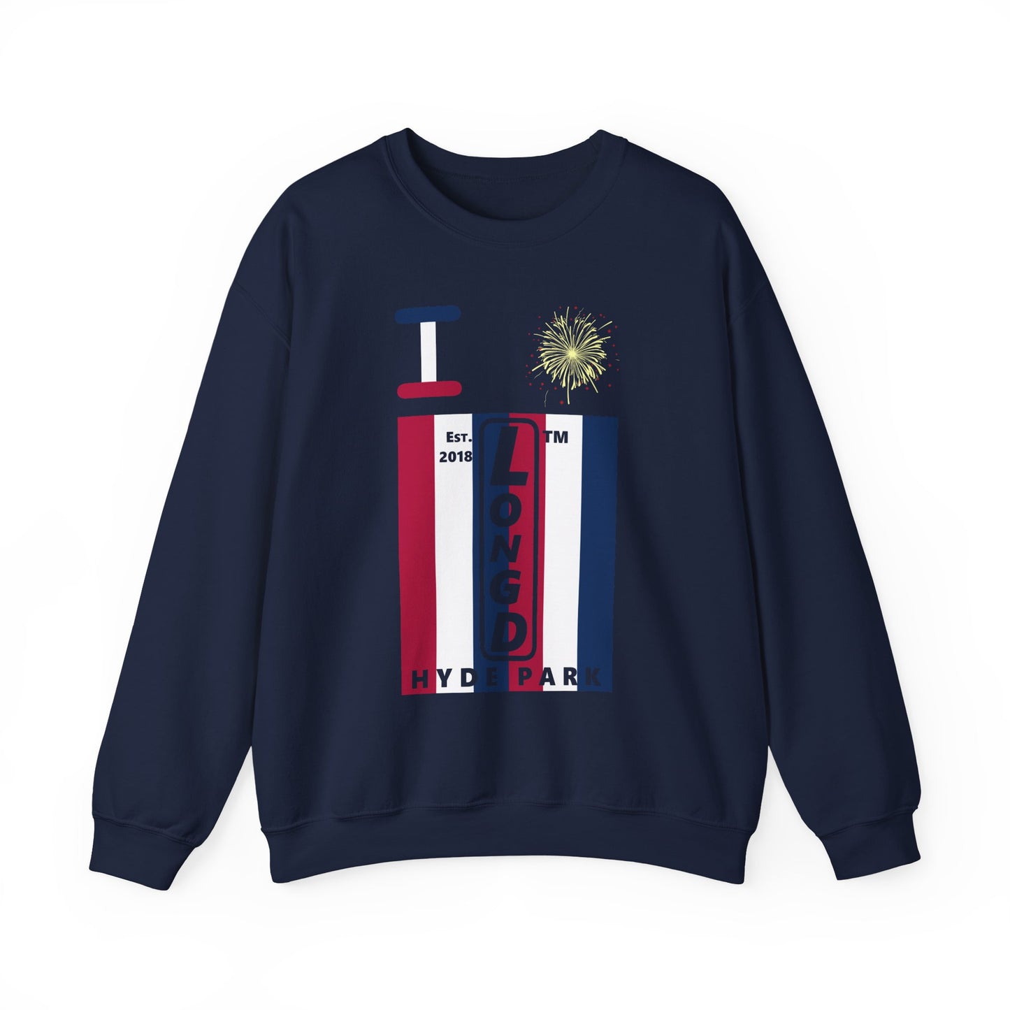I Burst LongD negative vertical 6-striped Hyde Park upright logo crewneck sweatshirt