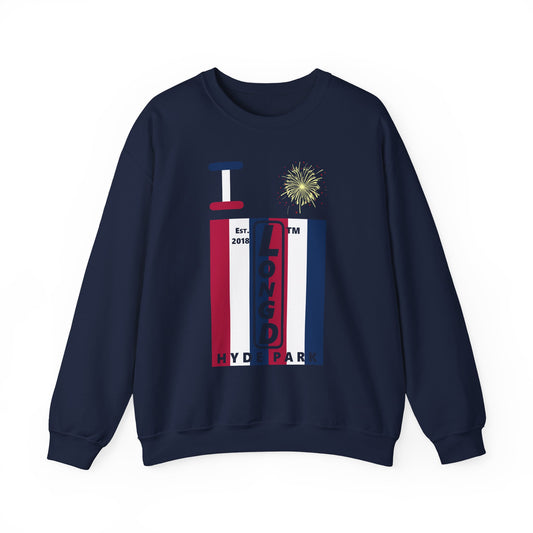 I Burst LongD negative vertical 6-striped Hyde Park upright logo crewneck sweatshirt