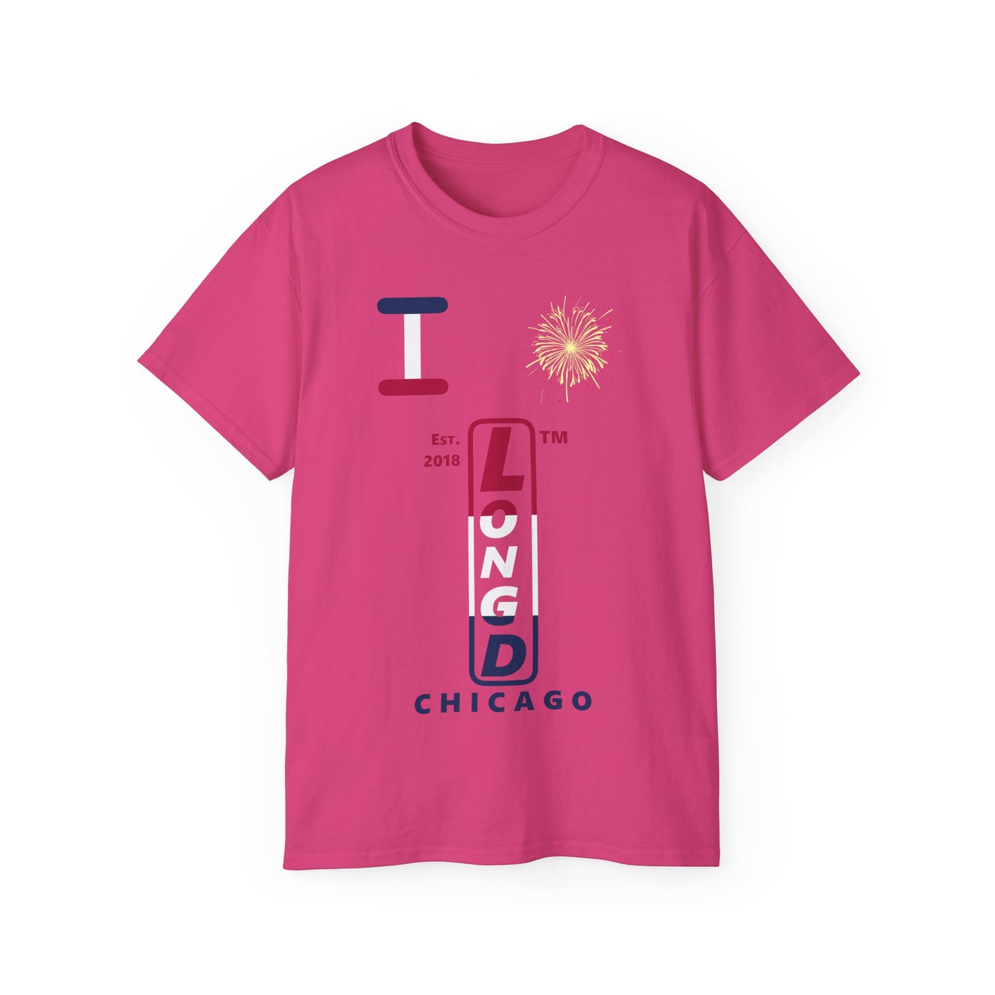 I Burst LongD cotton tee positive horizontal 3-striped Chicago upright logo (Patriotic colors)
