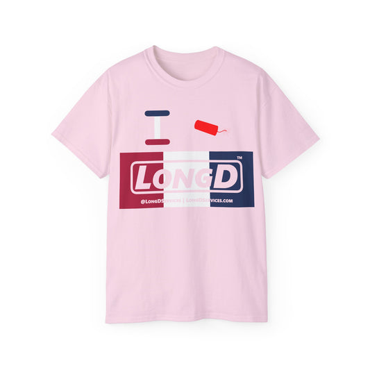 I Firecracker LongD® Logo Cotton Tee Red, White and Blue negative thirds text