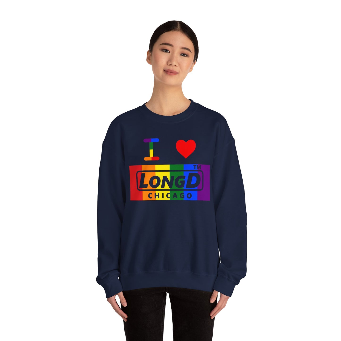 I Luv LongD negative vertical striped Chicago logo crewneck sweatshirt (Pride colors)