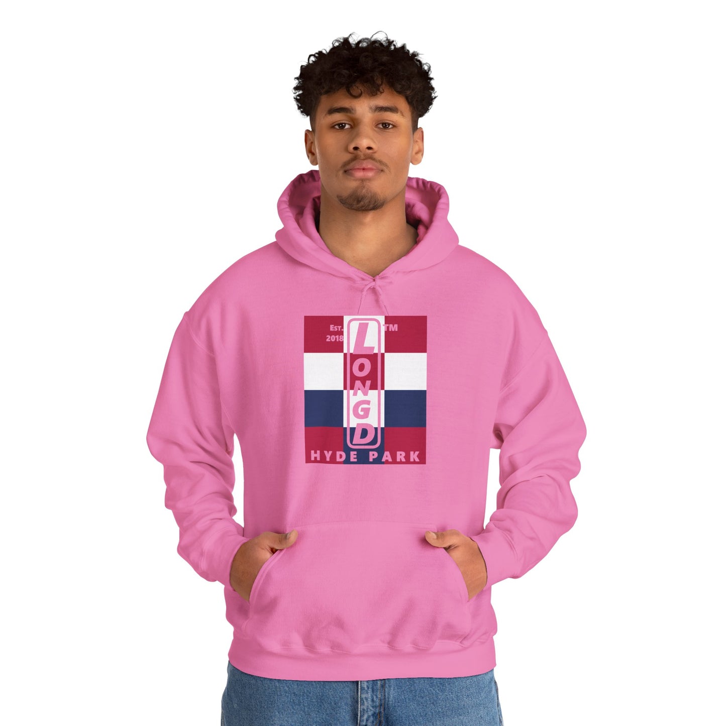LongD® negative 4x3 upright Hyde Park logo hoodie (Patriotic colors)