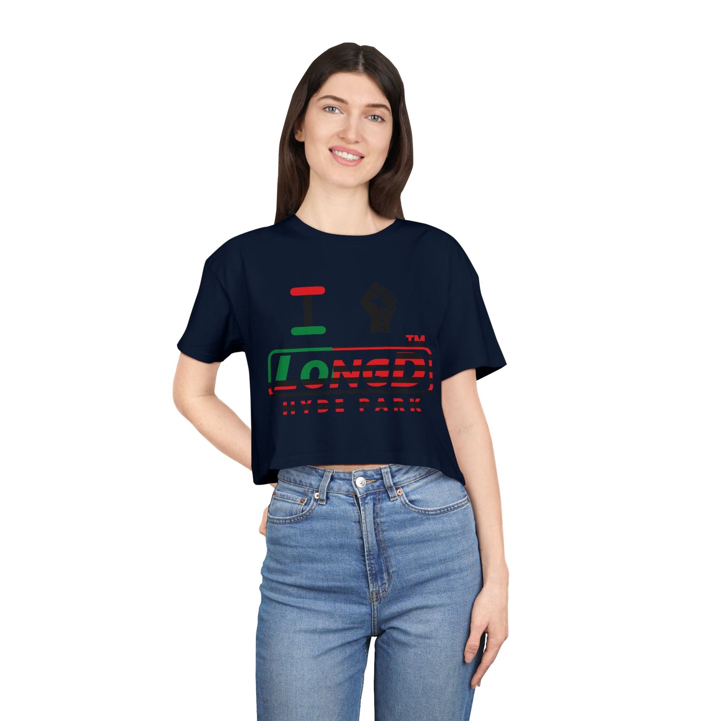 I fist LongD positive flag Hyde Park logo crop tee