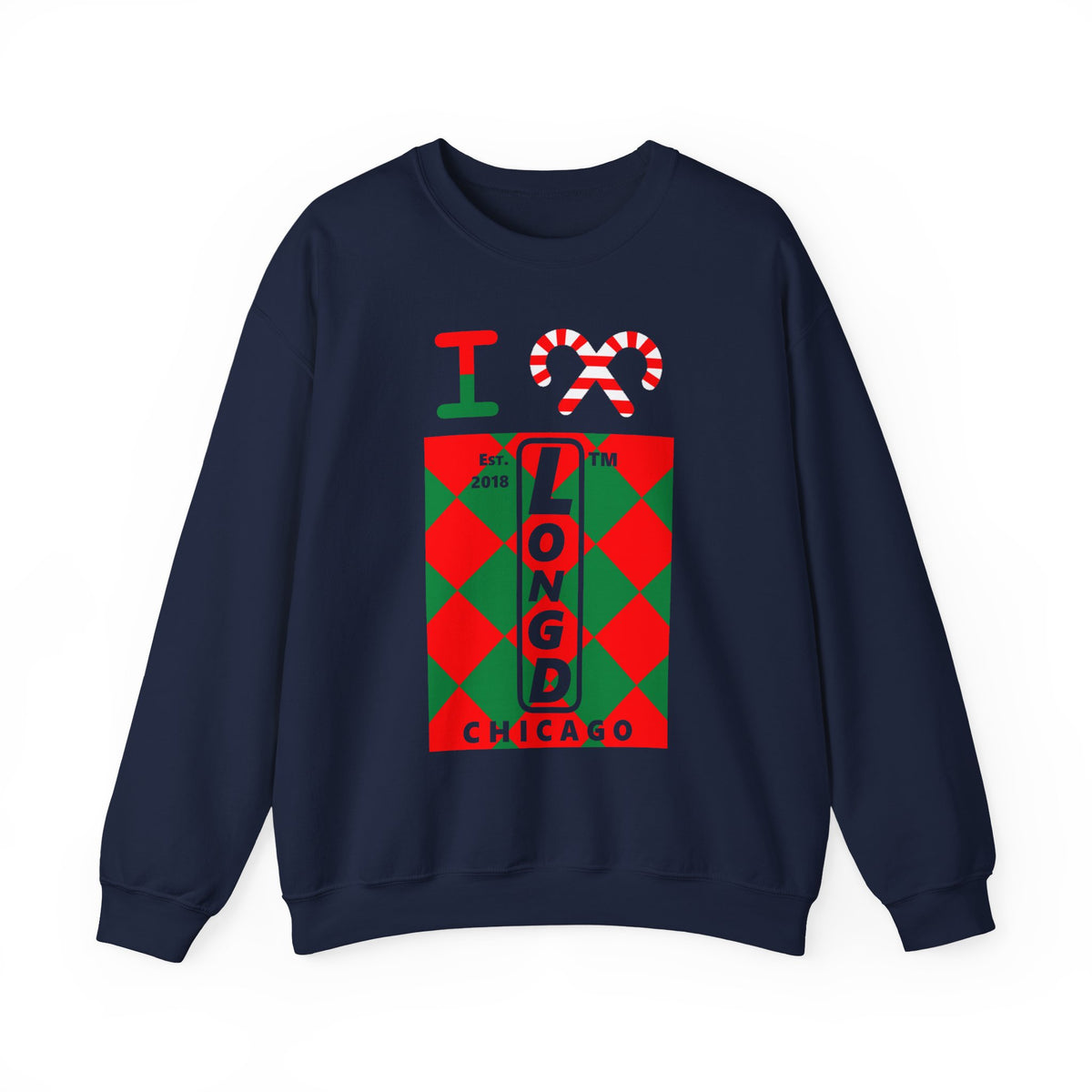 I candy cane LongD Chicago negative upright argyle logo crewneck sweatshirt
