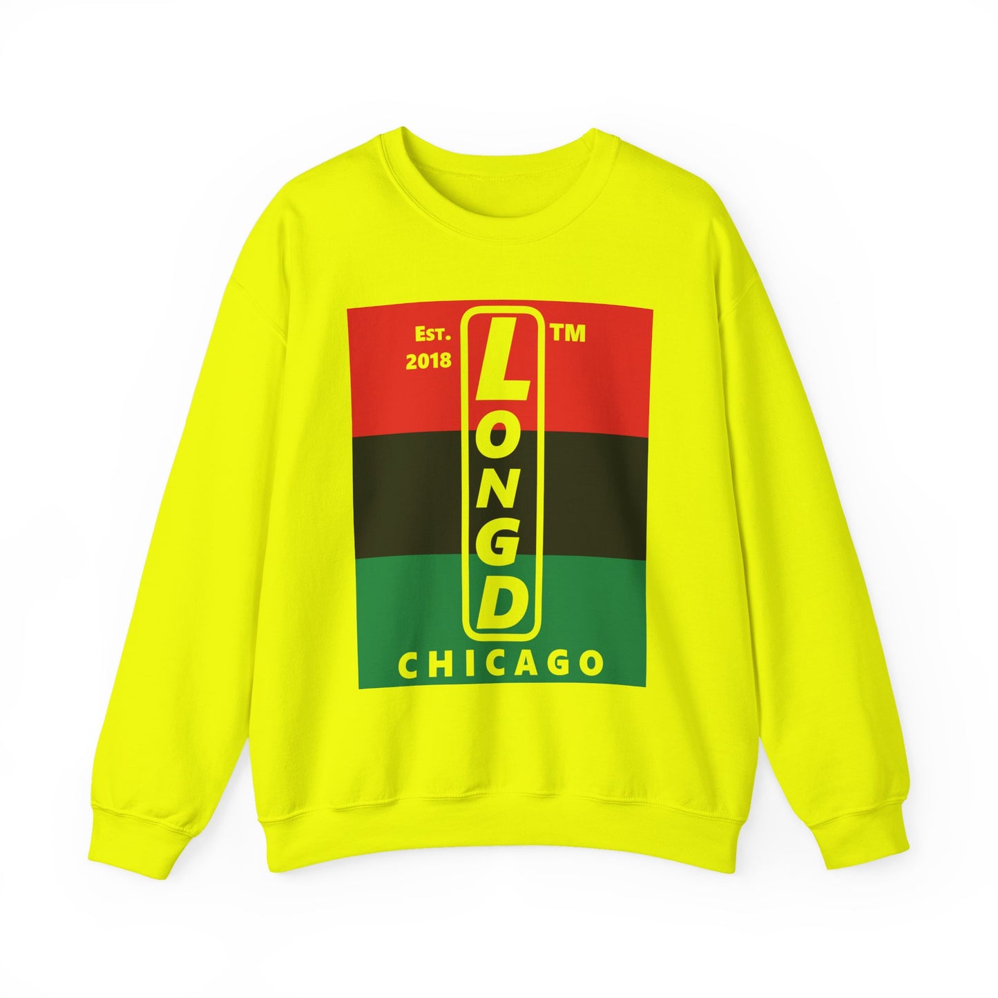 LongD negative horizontal 3-striped Chicago upright logo crewneck sweatshirt (Juneteenth colors)