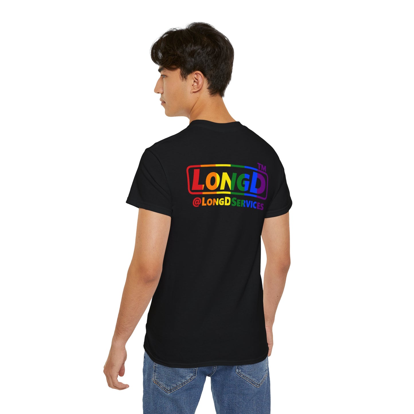 LongD positive vertical striped front-back Chicago logo cotton tee (Pride colors)