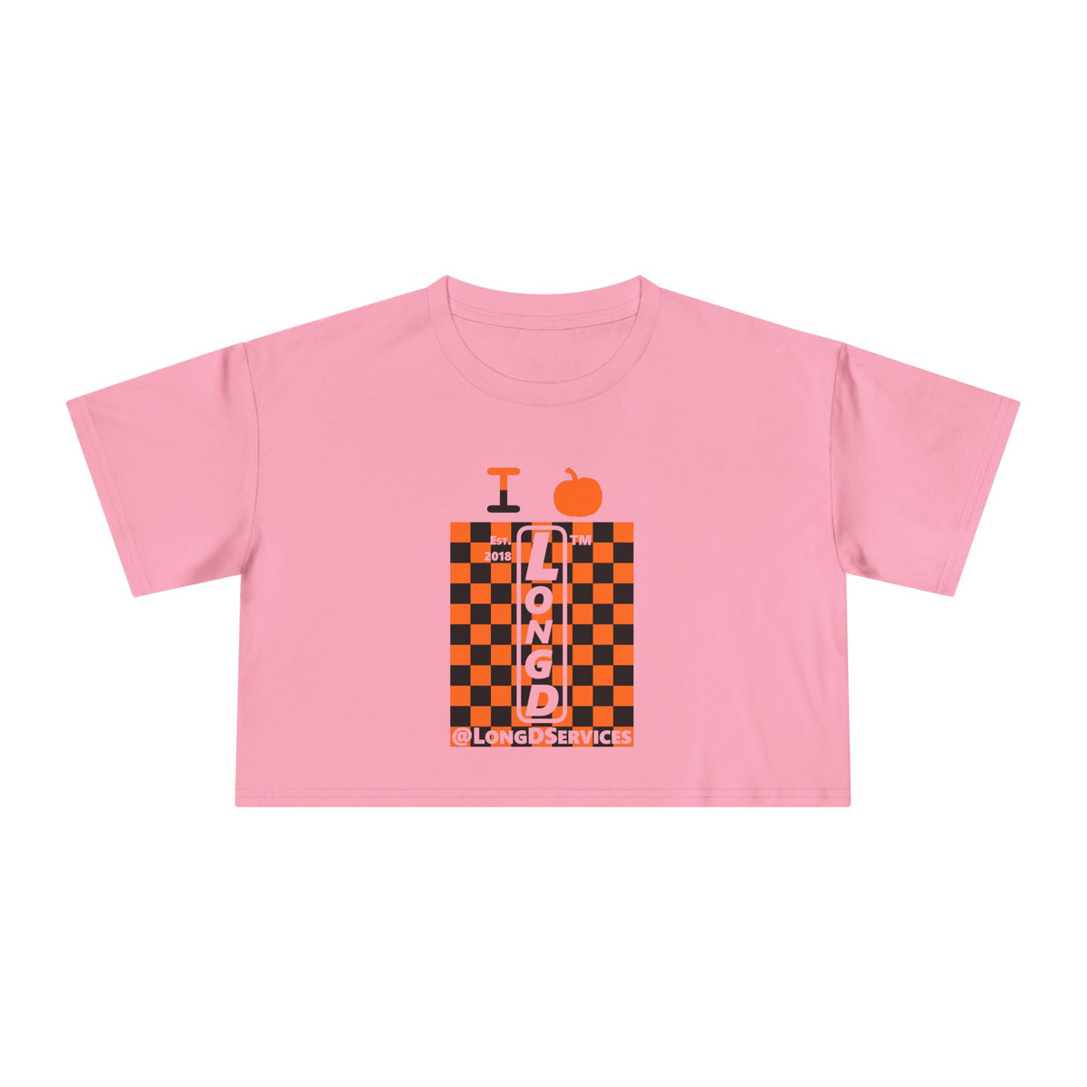 I pumpkin LongD Tag negative upright checkered logo crop tee