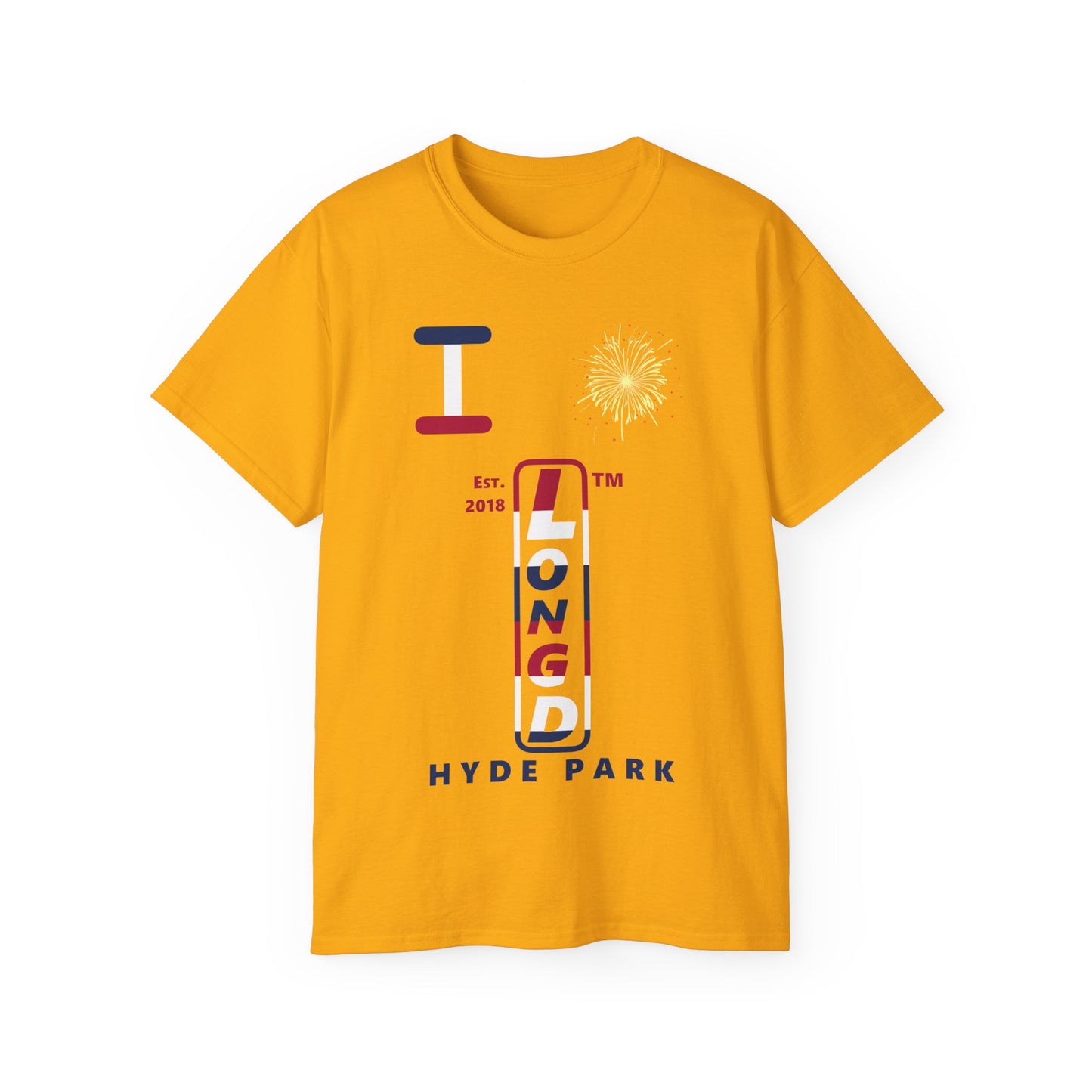 I Burst LongD cotton tee positive horizontal 6-striped Hyde Park upright logo (Patriotic colors)