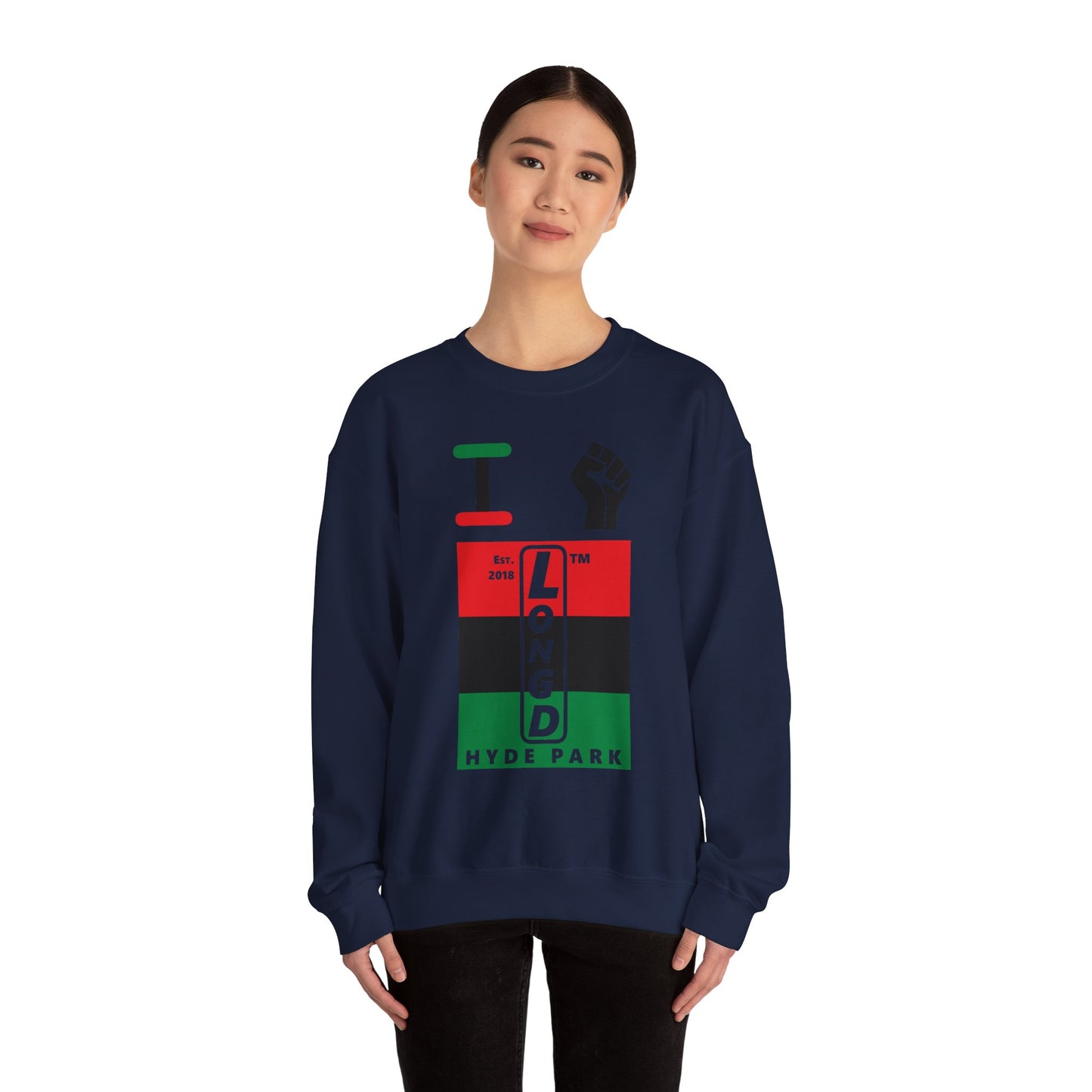 I Fist LongD negative horizontal 3-striped Hyde Park upright logo crewneck sweatshirt