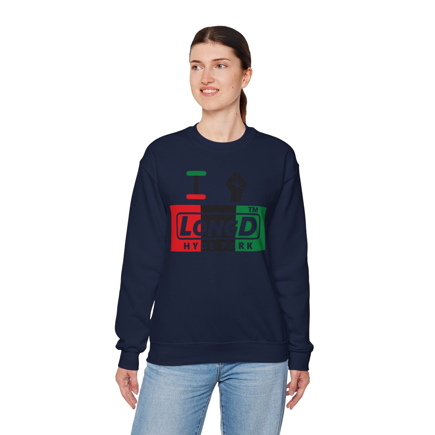 I fist LongD negative vertical 3-striped Hyde Park logo crewneck sweatshirt