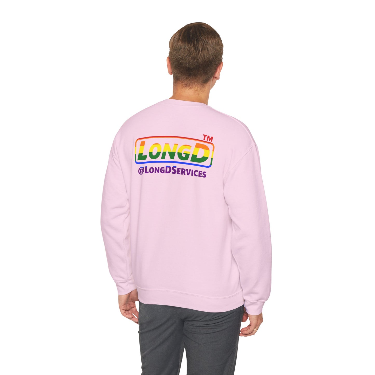 LongD positive horizontal striped front-back Hyde Park logo crewneck sweatshirt (Pride colors)