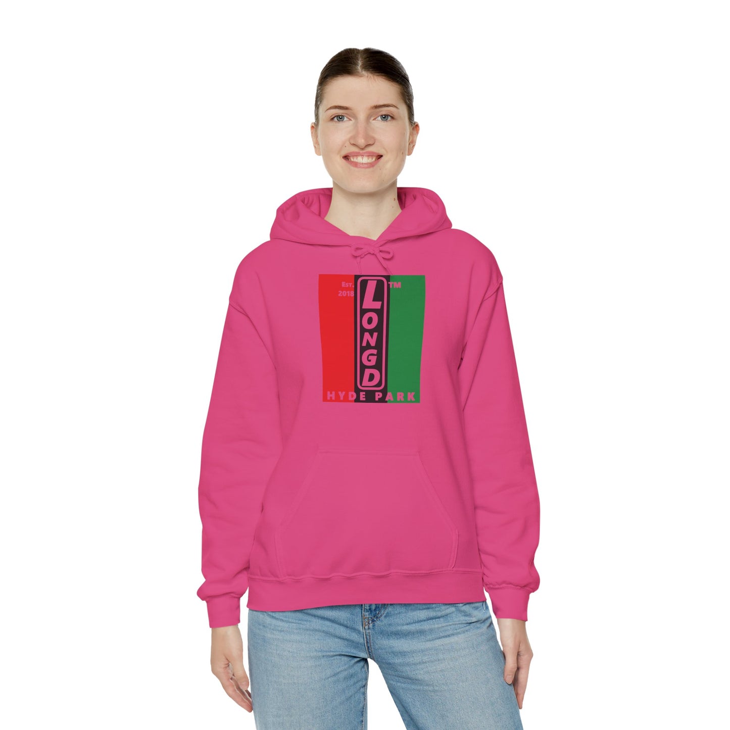 LongD® negative vertical 3-striped upright Hyde Park logo hoodie (Juneteenth colors)