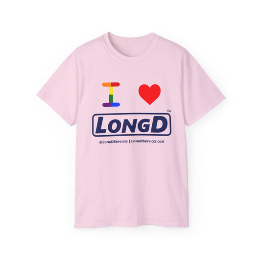 I Luv LongD® Official Logo Cotton Tee Pride rainbow "I" and positive text