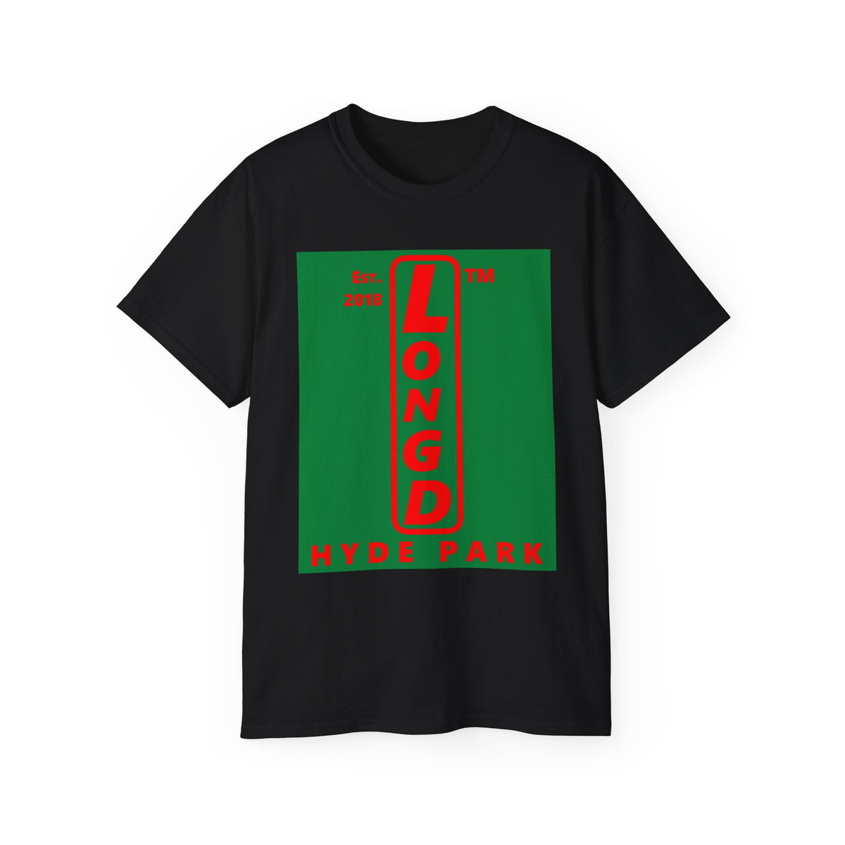 LongD Hyde Park upright logo positive red on negative green (Xmas colors) cotton tee