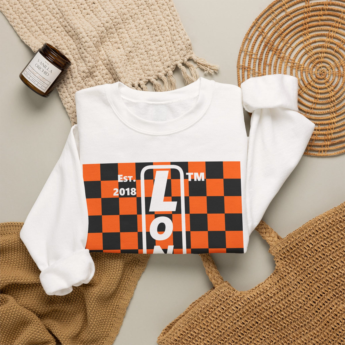 LongD Hyde Park negative upright checkered logo (Halloween colors) crewneck sweatshirt