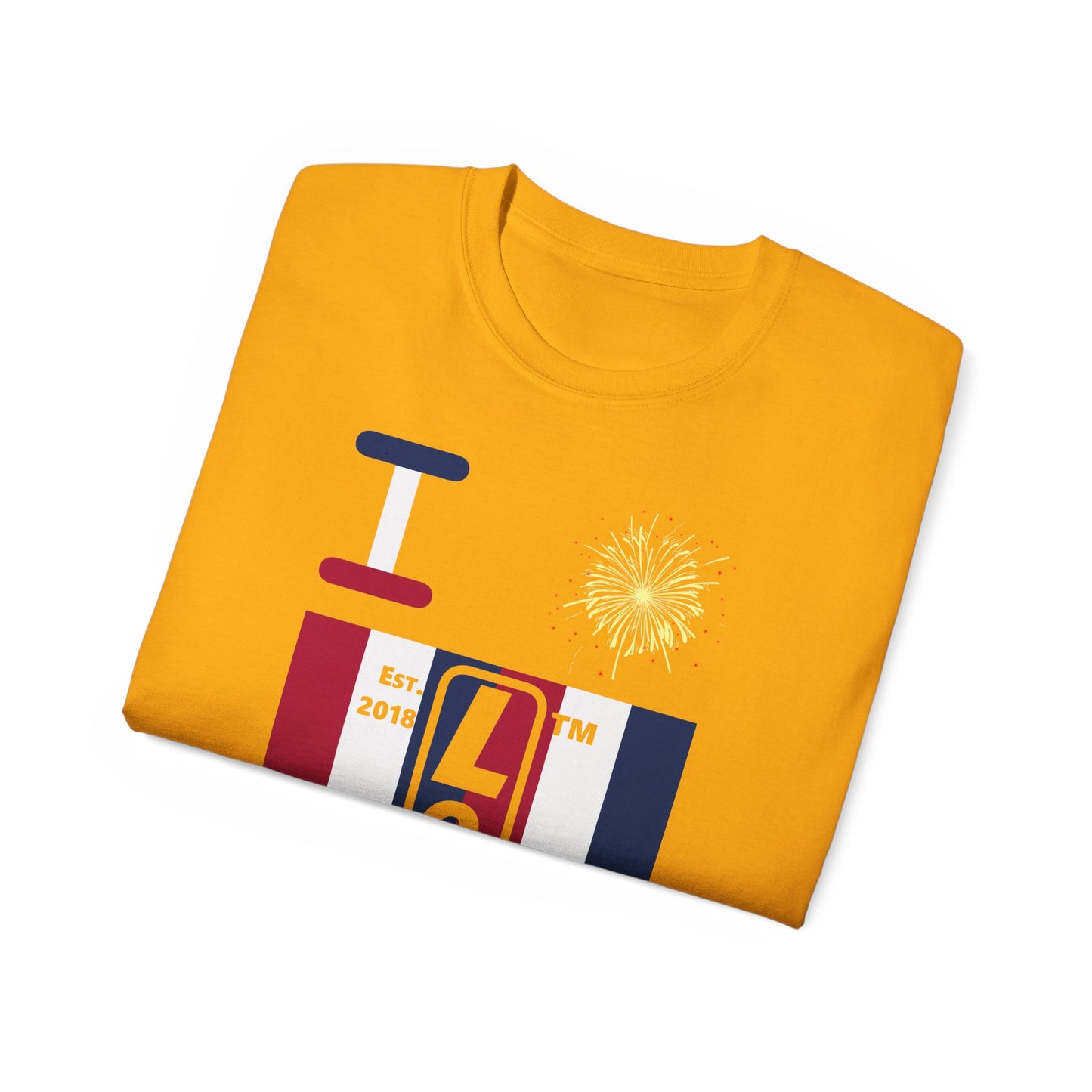 I Burst LongD cotton tee negative vertical 6-striped Hyde Park upright logo (Patriotic colors)