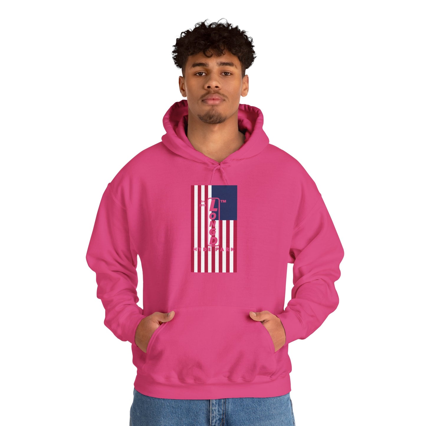 LongD® negative flag upright Hyde Park logo hoodie (Patriotic colors)