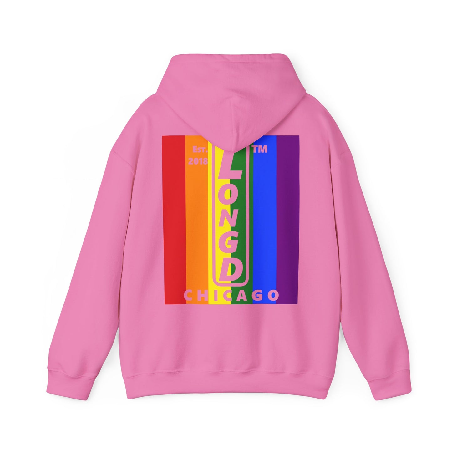 LongD single-breasted negative vertical 6-striped front-back upright Chicago logo hoodie (Pride colors)