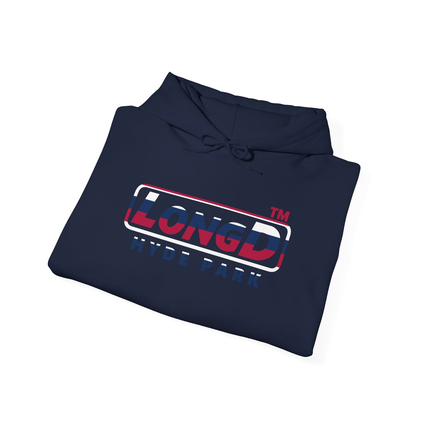 LongD® positive horizontal 6-striped Hyde Park logo hoodie (patriotic colors)