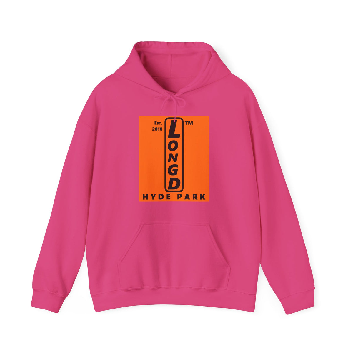 LongD Hyde Park upright logo Black (000000) on orange (FE7518) (Halloween colors) hoodie