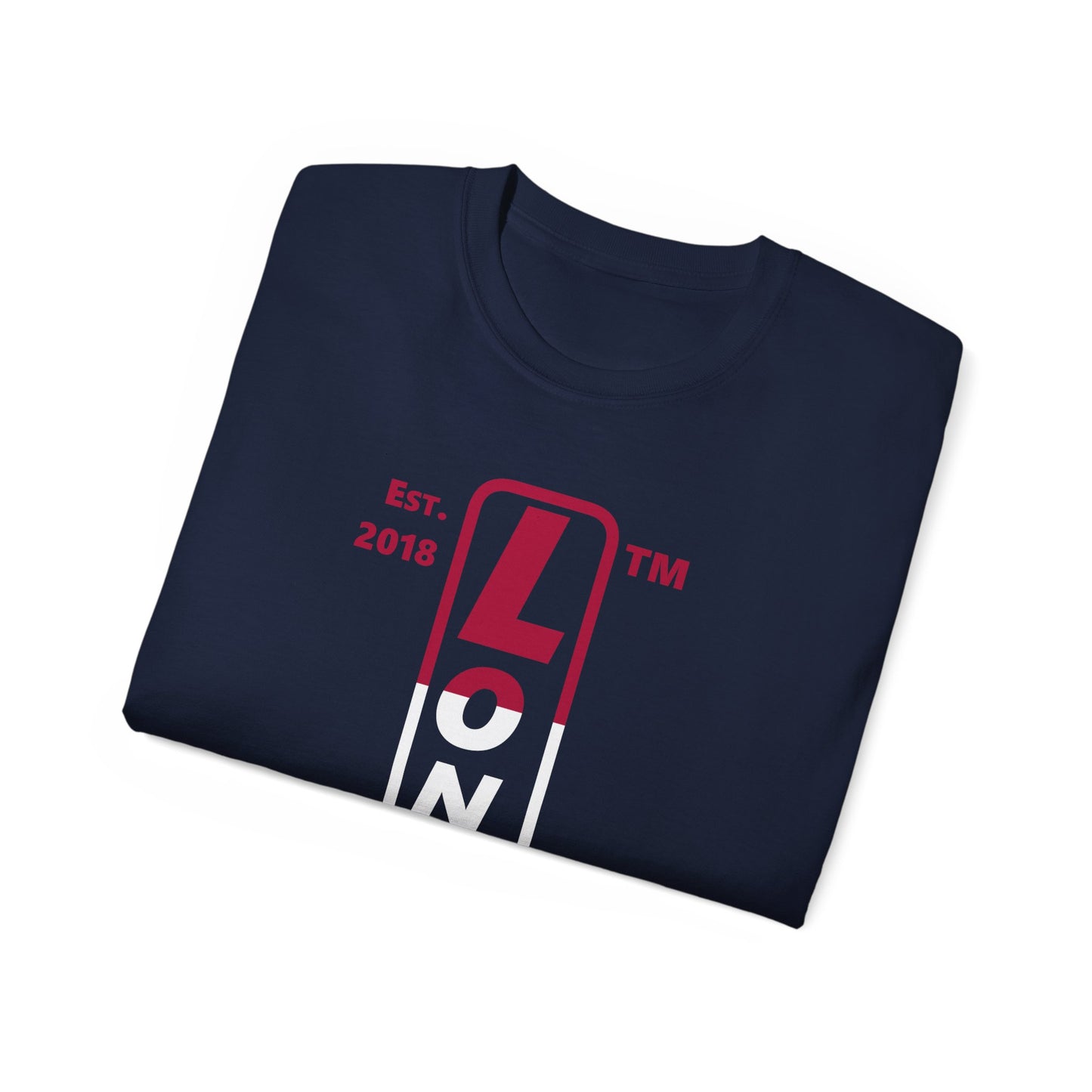 LongD cotton tee positive horizontal 3-striped Hyde Park upright logo (Patriotic colors)