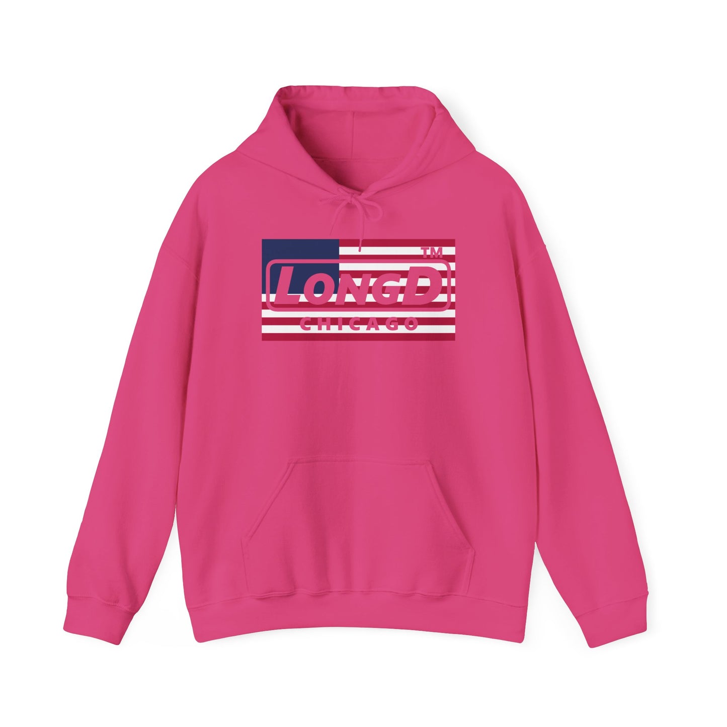 LongD® negative flag front-back double breasted Chicago logo hoodie (patriotic colors)