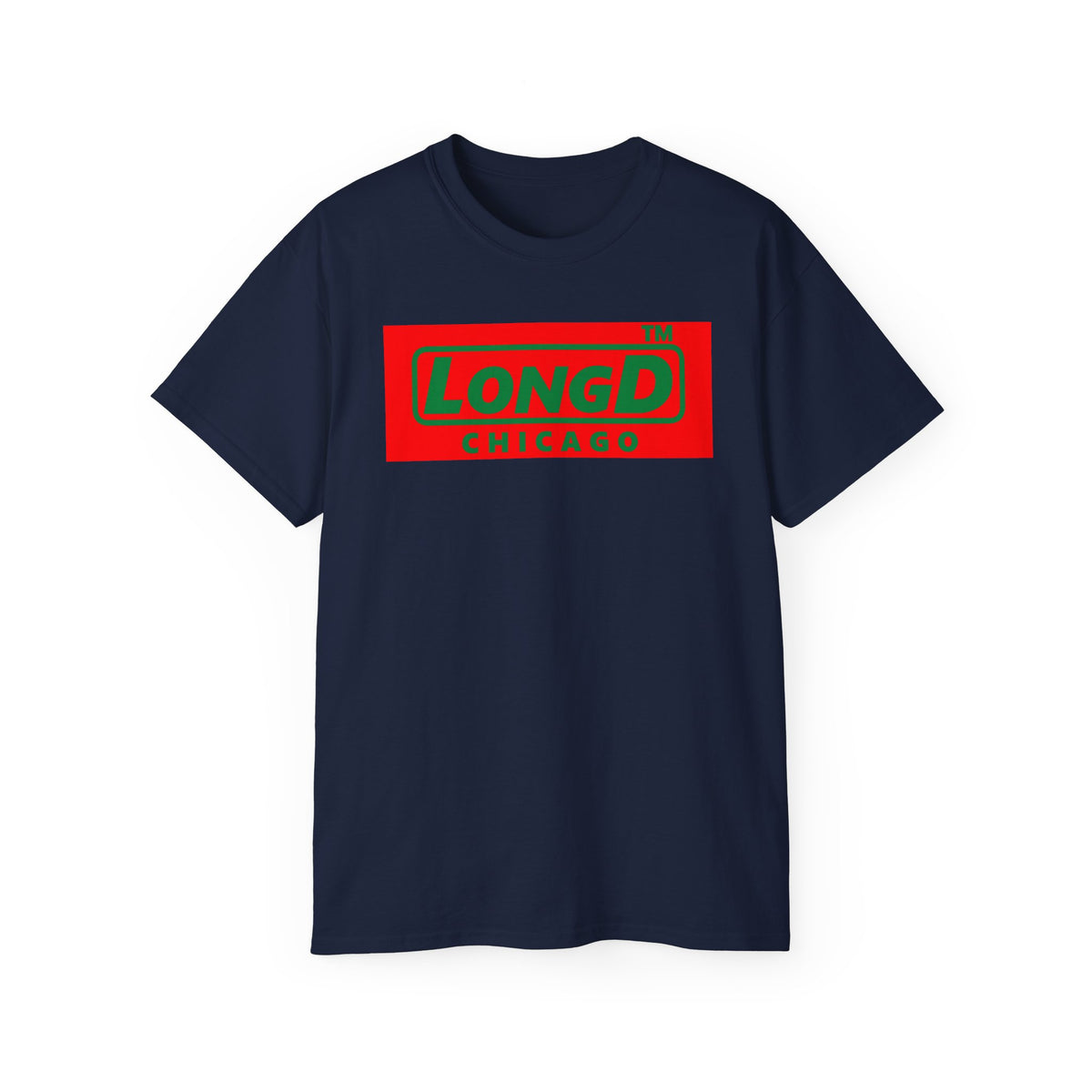 LongD Chicago logo positive green on negative red (Xmas colors) cotton tee