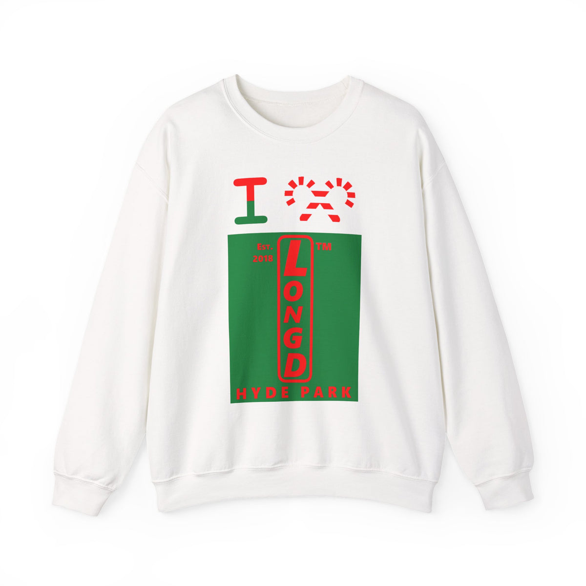 I candy cane LongD Hyde Park upright logo positive red on negative green crewneck sweatshirt