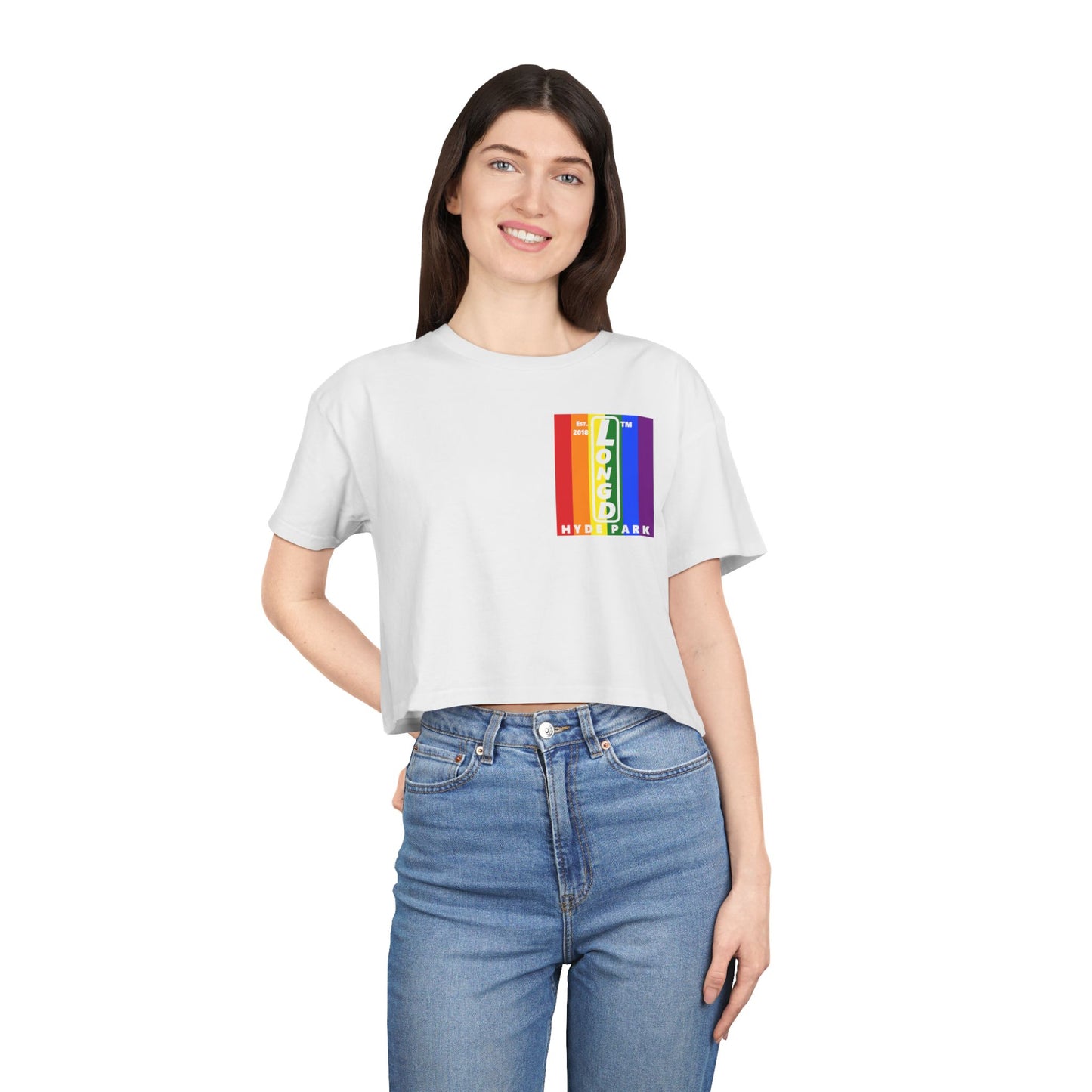 Negative vertical 6-striped upright single-breasted Hyde Park logo crop tee (Pride colors)
