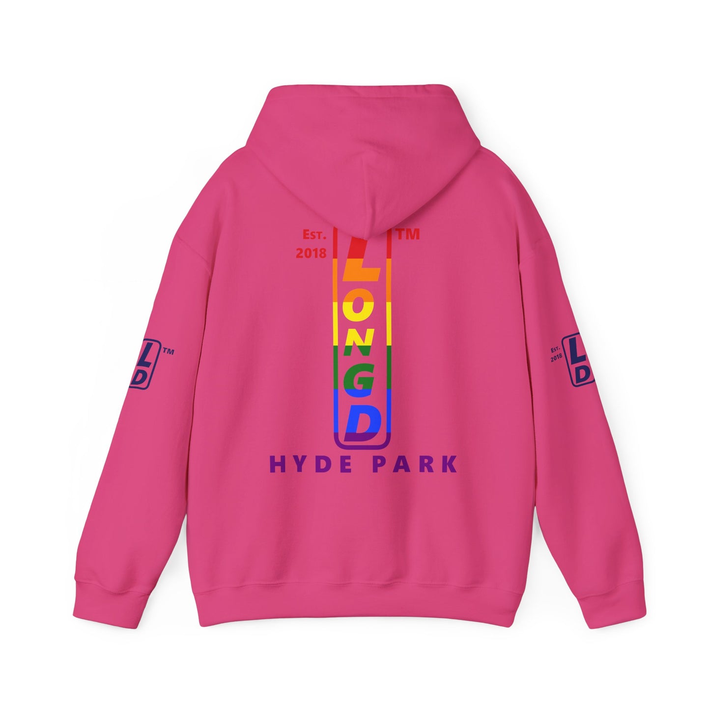 LongD® positive horizontal 6-striped Hyde Park 4-print upright logo hoodie (Pride colors)