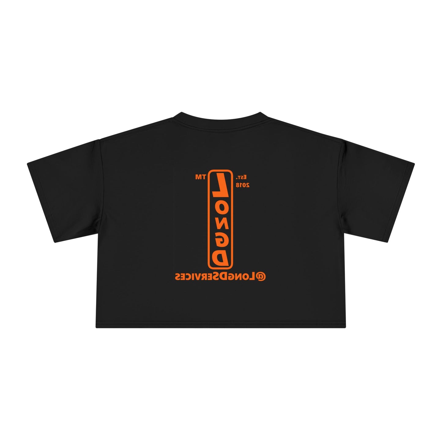 LongD Tag upright front-back logo orange (FE7518) on Black (000000) crop tee