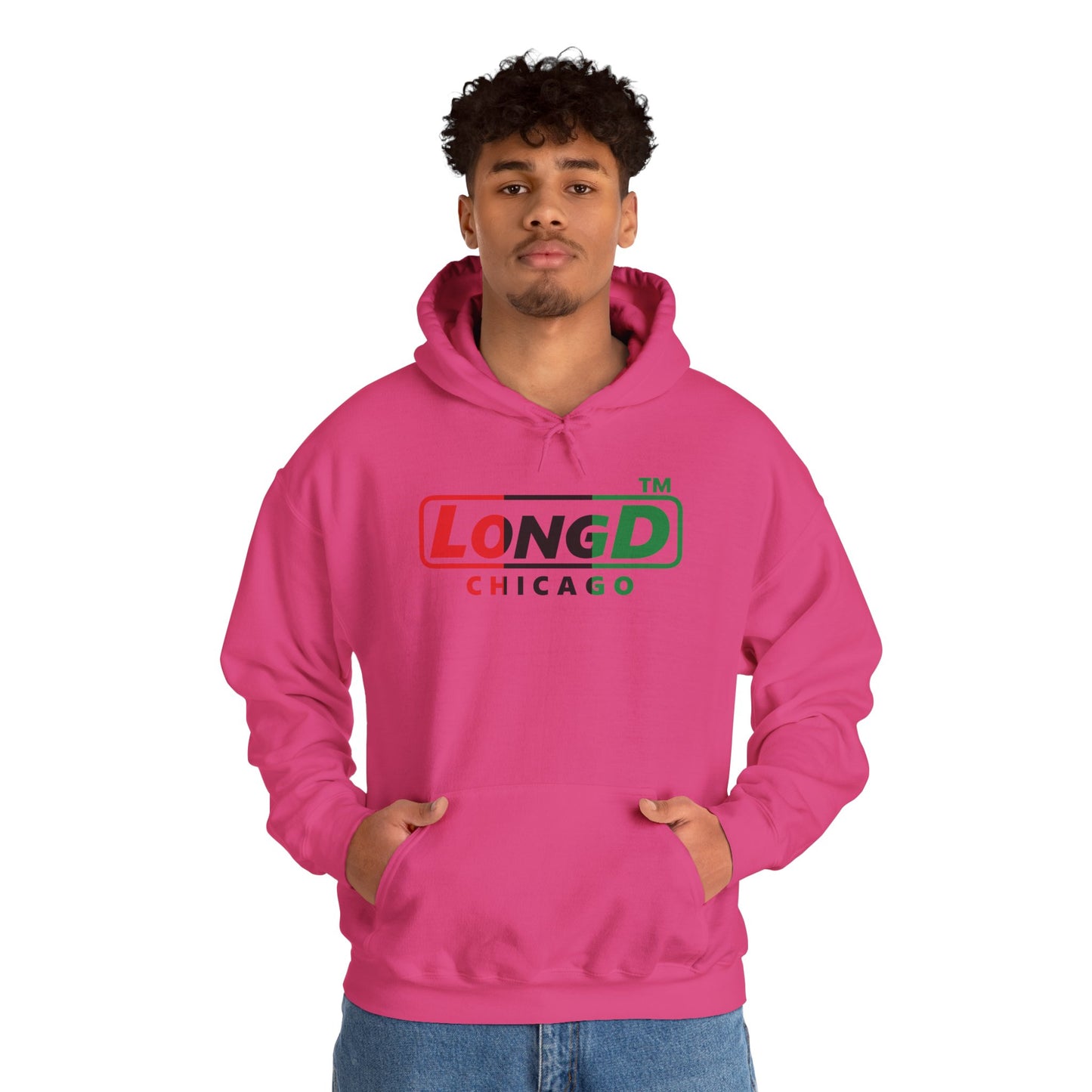 LongD® positive vertical 3-striped Chicago logo Hoodie (Juneteenth colors)