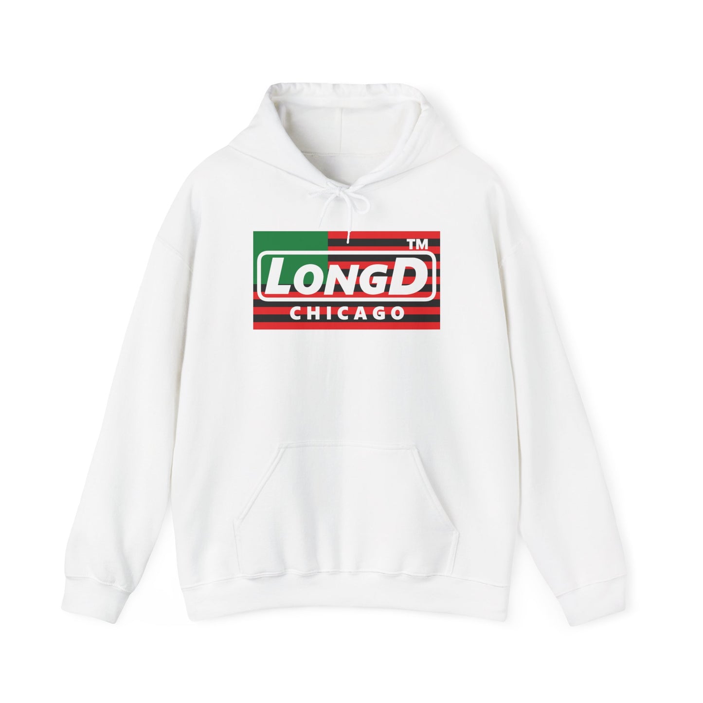 LongD® negative flag Chicago logo Hoodie (Juneteenth colors)