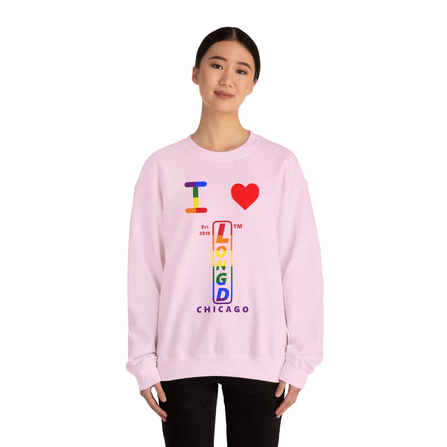 I Luv LongD positive horizontal 6-striped Chicago upright logo crewneck sweatshirt