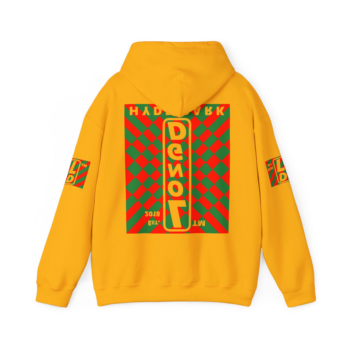 LongD Hyde Park negative upright stylized argyle 4-print logo (Xmas colors) hoodie