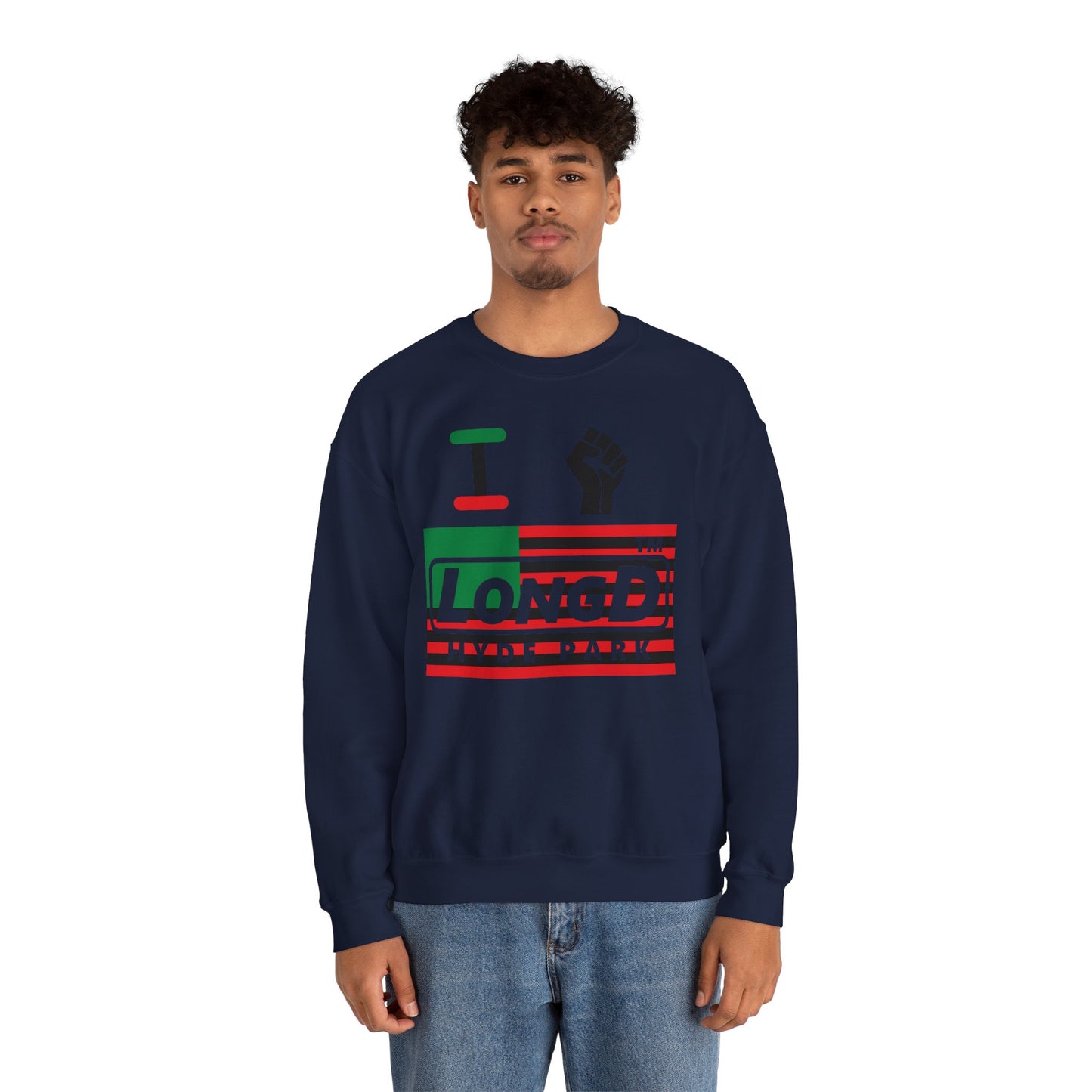 I fist LongD negative flag Hyde Park logo crewneck sweatshirt