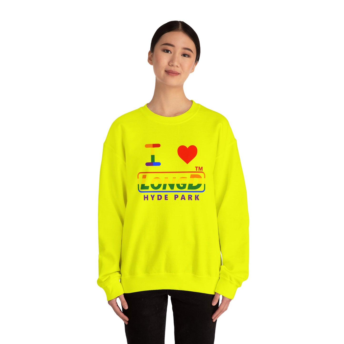 I Luv LongD positive horizontal striped front-back Hyde Park logo crewneck sweatshirt (Pride colors)